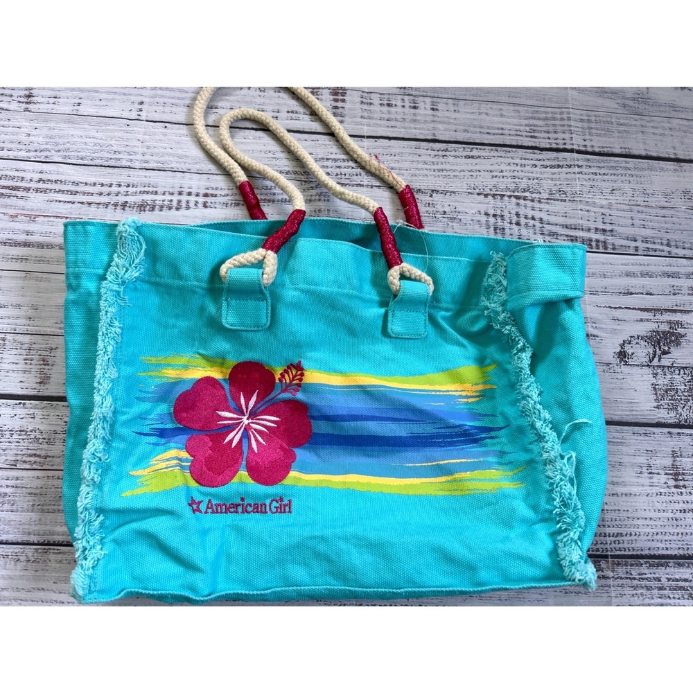 American Girl Tote Bag Kids Teal Hibiscus Flower Frayed Canvas Rope Handles
